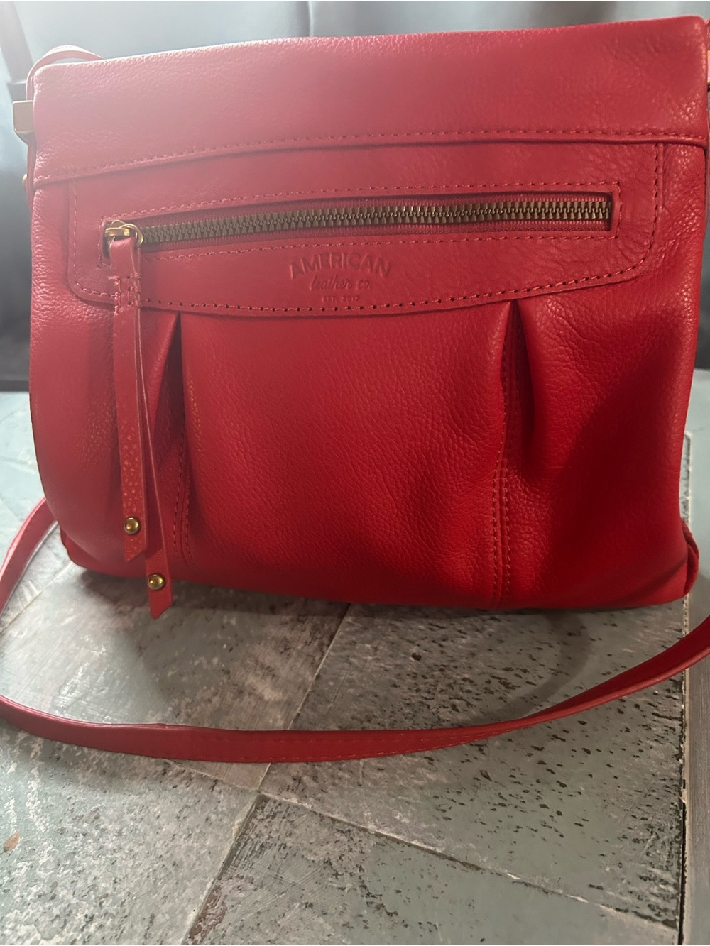 American Leather Co Red Pebbled Leather Crossbody with Gold Accents - Picture 7 of 7